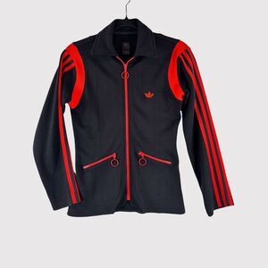 Adidas Womens Jacket Black Trefoil Track Full Zip Pockets Striped RARE Small